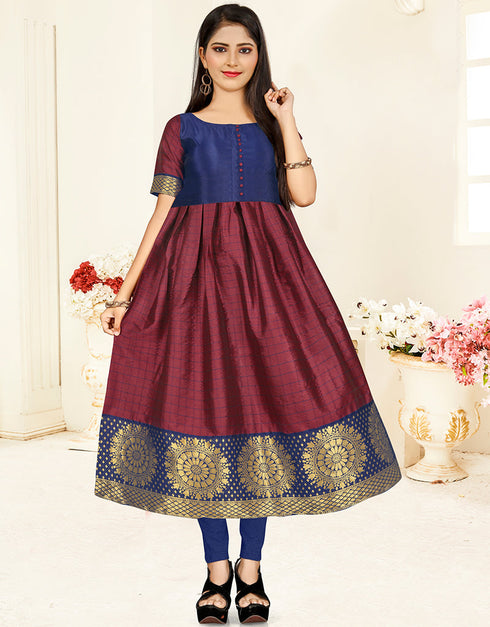 Designer Wear Readymade Kids Long Gown Maroon Banarasi Silk Gowns Front View