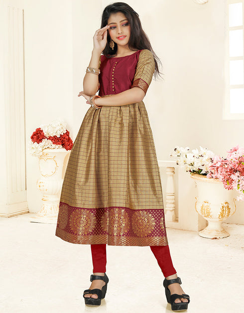 Designer Wear Readymade Kids Long Gown Beige Banarasi Silk Gowns Front View