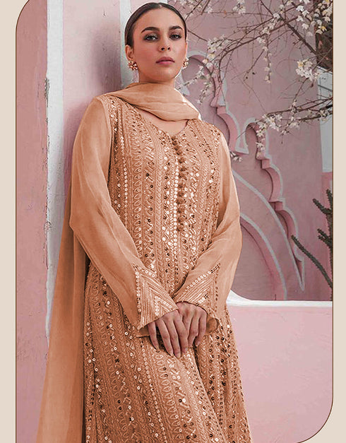 Designer Party Wear Faux Georgett Pakistani Suit Collection Brown Faux Georgette Palazzo Pakistani Suits Close-up View