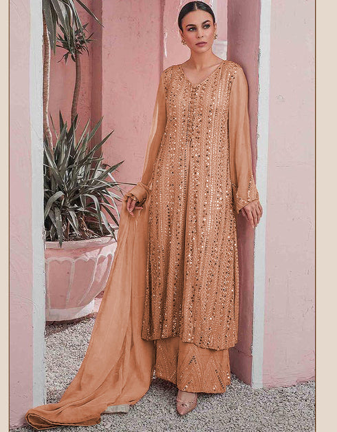 Designer Party Wear Faux Georgett Pakistani Suit Collection Brown Faux Georgette Palazzo Pakistani Suits Front View