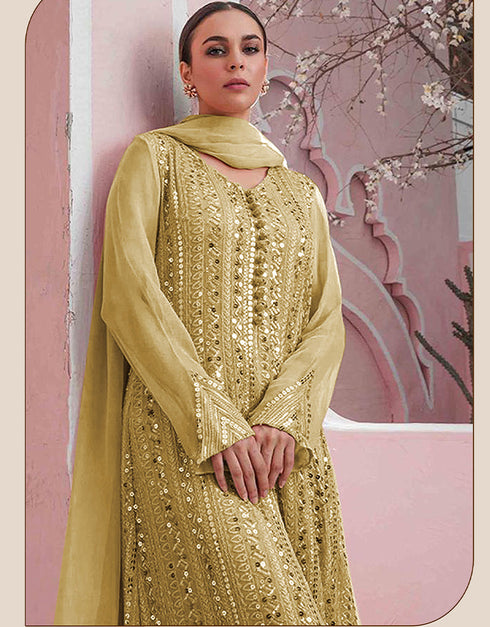 Designer Party Wear Faux Georgett Pakistani Suit Collection Yellow Faux Georgette Palazzo Pakistani Suits Close-up View