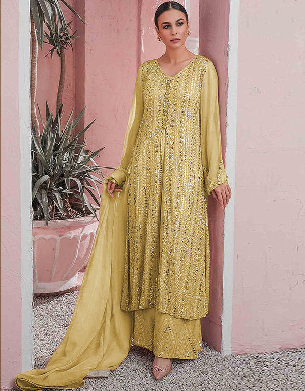 Designer Party Wear Faux Georgett Pakistani Suit Collection Yellow Faux Georgette Palazzo Pakistani Suits Front View