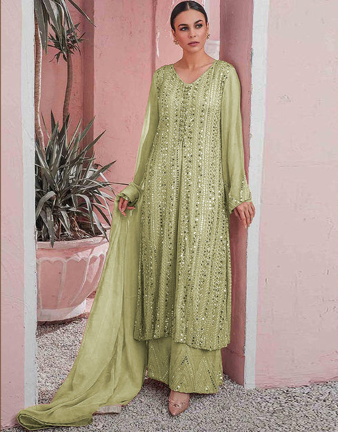 Designer Party Wear Faux Georgett Pakistani Suit Collection Pista Faux Georgette Palazzo Pakistani Suits Front View