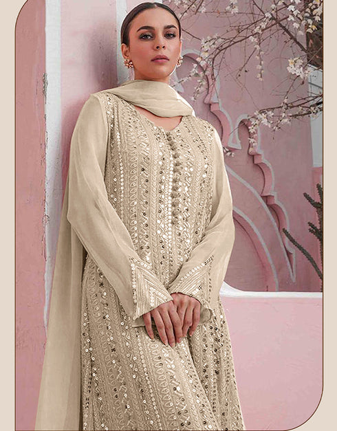 Designer Party Wear Faux Georgett Pakistani Suit Collection Cream Faux Georgette Palazzo Pakistani Suits Close-up View