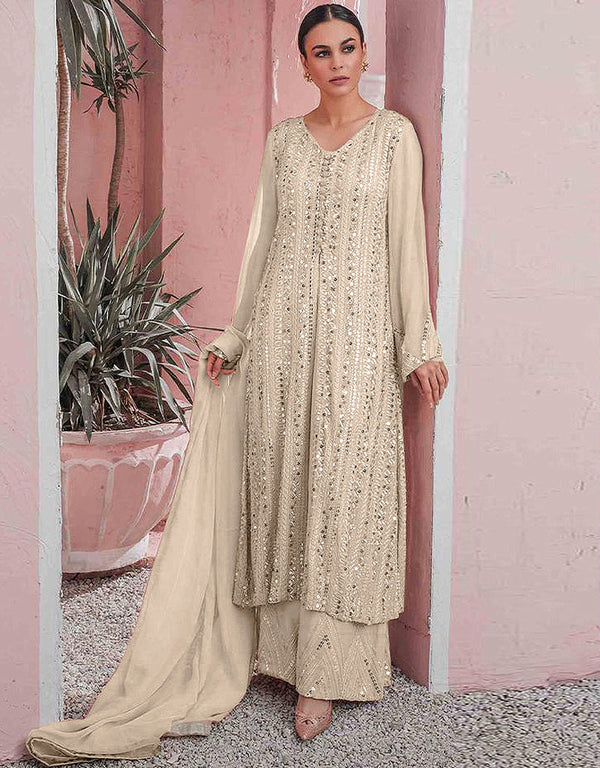 Designer Party Wear Faux Georgett Pakistani Suit Collection Cream Faux Georgette Palazzo Pakistani Suits Front View