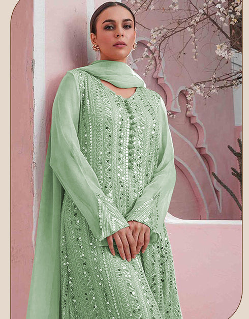 Designer Party Wear Faux Georgett Pakistani Suit Collection Green Faux Georgette Palazzo Pakistani Suits Close-up View