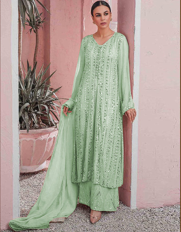 Designer Party Wear Faux Georgett Pakistani Suit Collection Green Faux Georgette Palazzo Pakistani Suits Front View