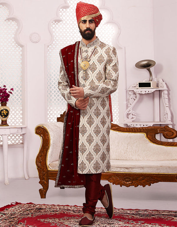 Readymade Men's Sherwani Cream Sherwani Banarasi Silk Chudiddar Front View
