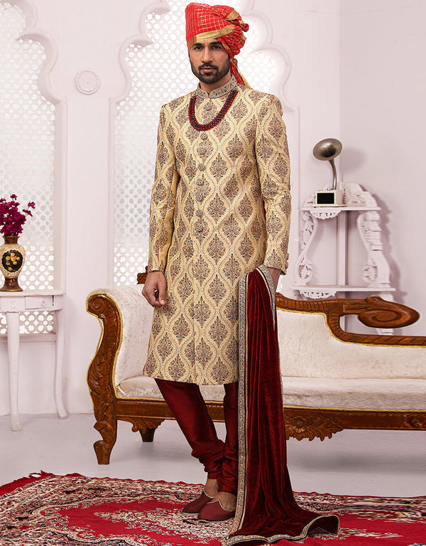 Readymade Men's Sherwani Gold Sherwani Banarasi Silk Chudiddar Front View