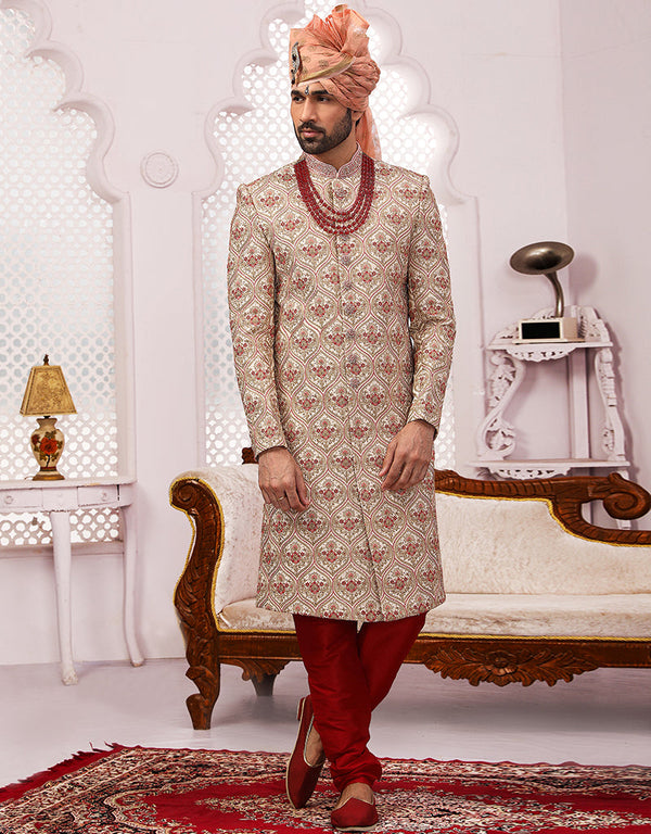 Readymade Men's Sherwani Cream Sherwani Banarasi Silk Chudiddar Front View