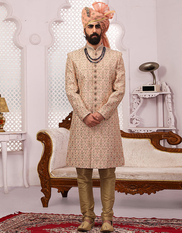 Readymade Men's Sherwani Peach Sherwani Banarasi Silk Chudiddar Front View