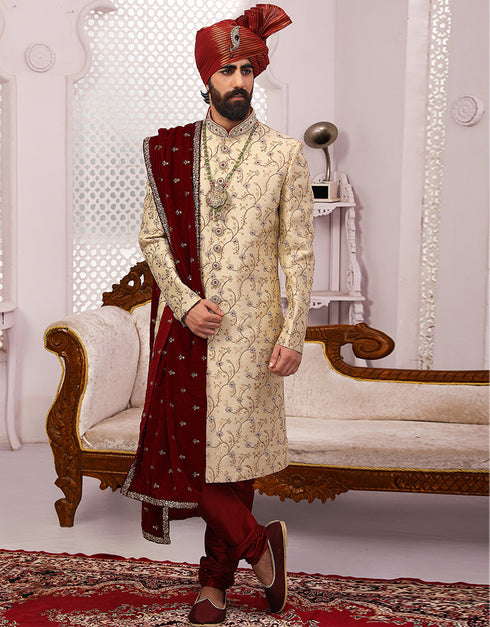 Readymade Men's Sherwani Cream Sherwani Silk Brocade Chudiddar Front View