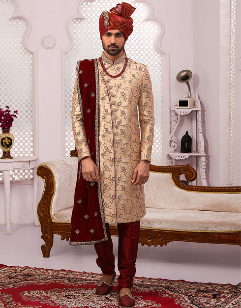 Readymade Men's Sherwani Beige Sherwani Silk Brocade Chudiddar Front View