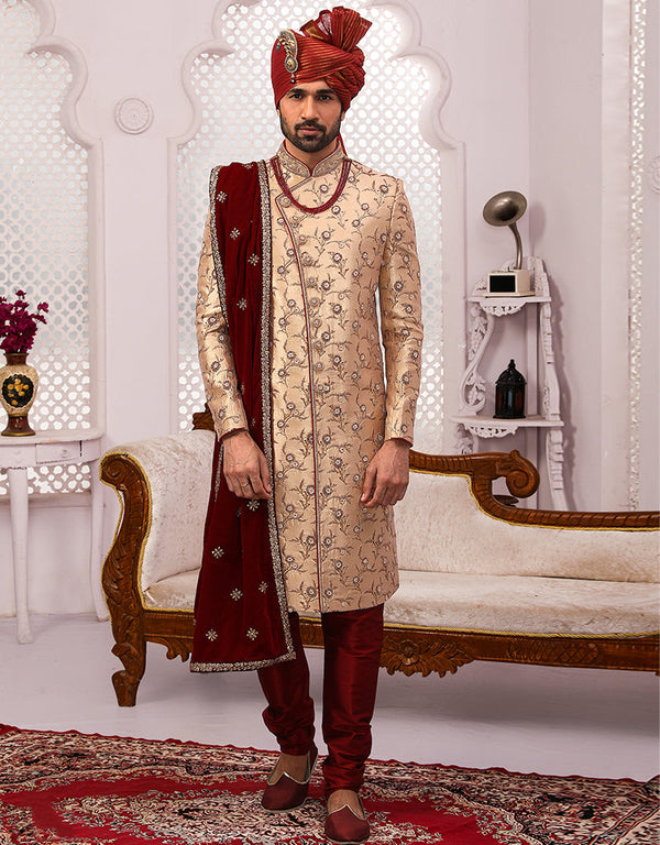 Readymade Men's Sherwani Beige Sherwani Silk Brocade Chudiddar Front View