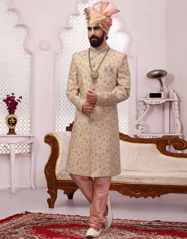 Readymade Men's Sherwani Cream Sherwani Banarasi Silk Chudiddar Front View