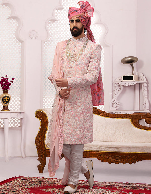 Readymade Men's Sherwani Pink Sherwani Georgette Chudiddar Front View