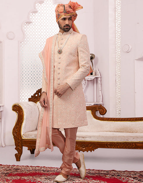 Readymade Men's Sherwani Peach Sherwani Georgette Chudidaar Front View