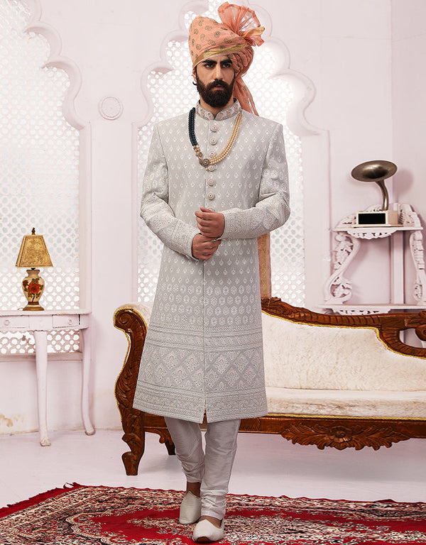 Readymade Men's Sherwani Grey Sherwani Georgette Chudidaar Front View