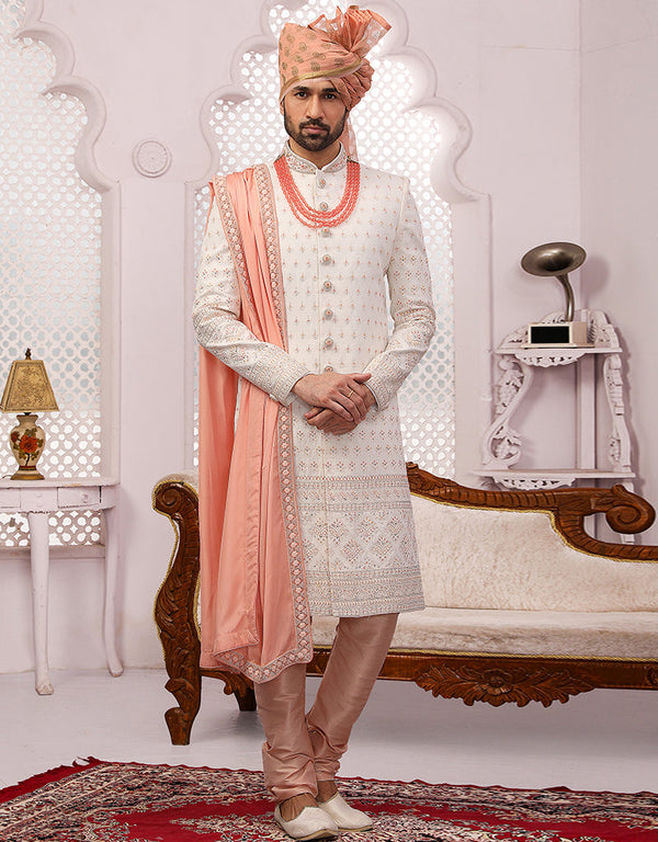 Readymade Men's Sherwani Off White Sherwani Georgette Chudidaar Front View