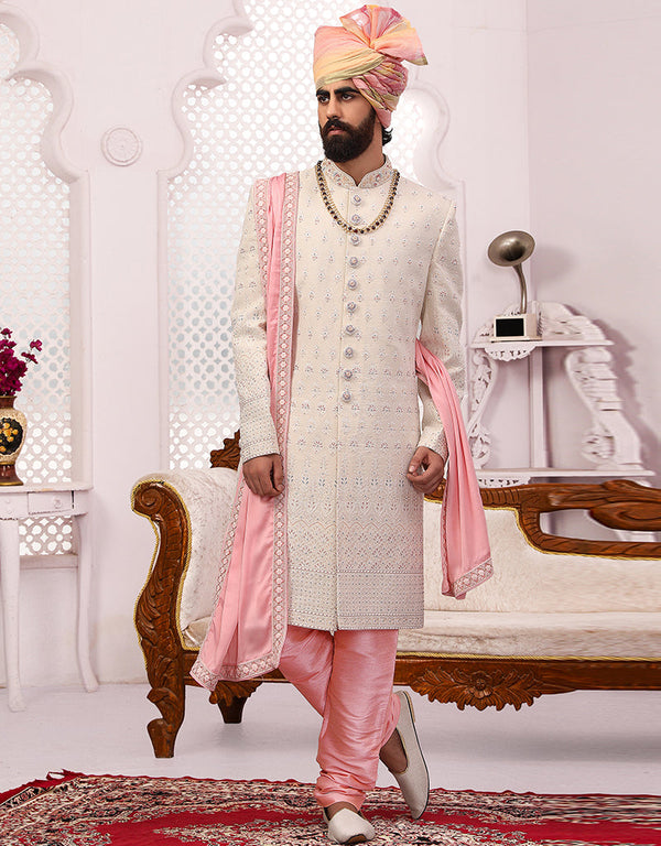 Readymade Men's Sherwani Off White Sherwani Georgette Chudidaar Front View