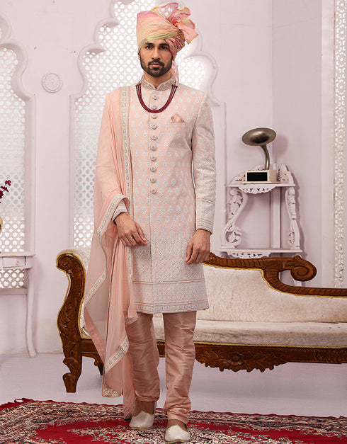 Readymade Men's Sherwani Peach Sherwani Georgette Chudidaar Front View