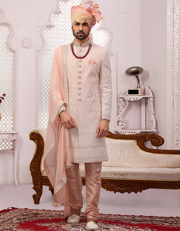 Readymade Men's Sherwani Peach Sherwani Georgette Chudidaar Front View