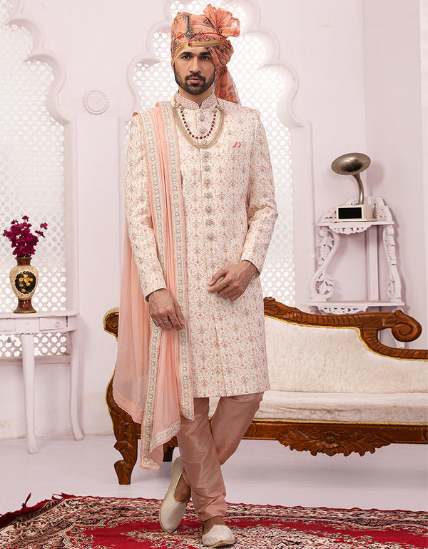 Readymade Men's Sherwani Cream Sherwani Georgette Chudidaar Front View