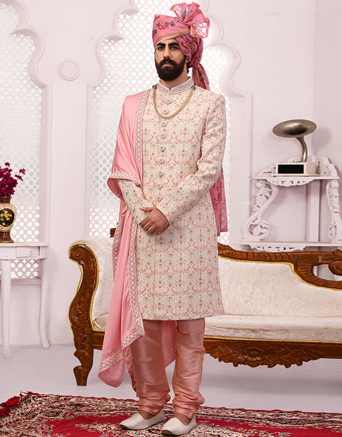 Readymade Men's Sherwani Cream Sherwani Georgette Chudidaar Front View