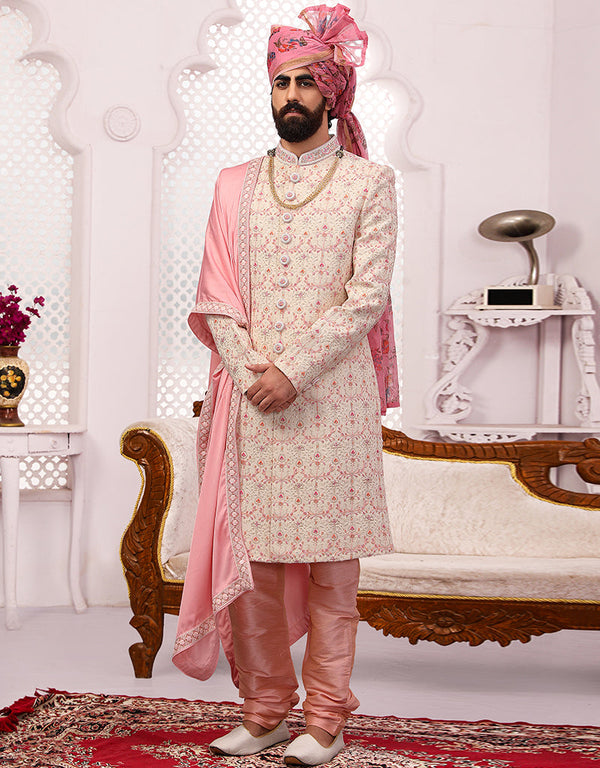 Readymade Men's Sherwani Cream Sherwani Georgette Chudidaar Front View