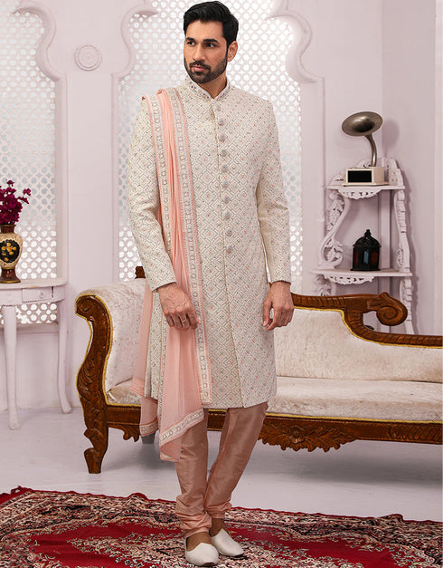 Readymade Men's Sherwani Cream Sherwani Georgette Chudidaar Front View