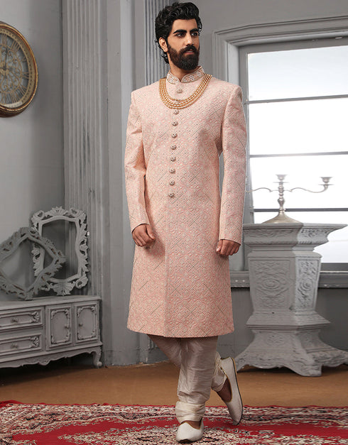 Readymade Men's Sherwani Pink Sherwani Georgette Chudidaar Front View