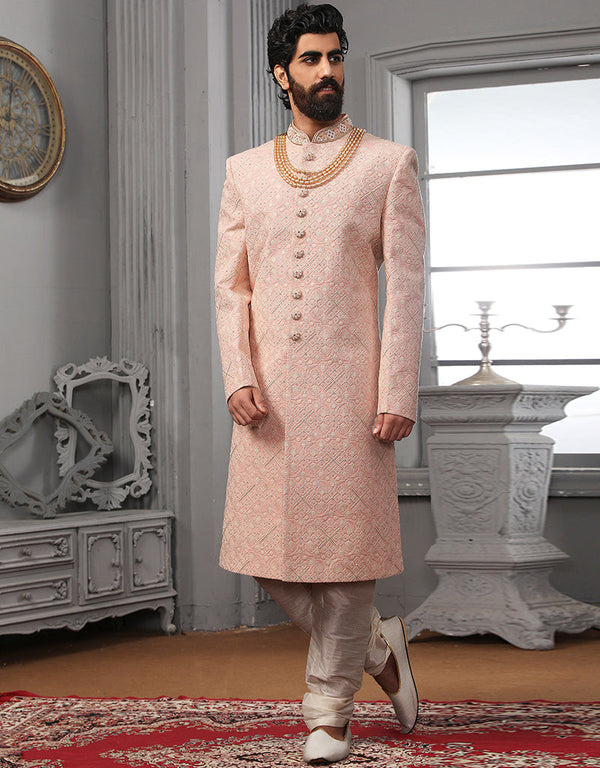 Readymade Men's Sherwani Pink Sherwani Georgette Chudidaar Front View