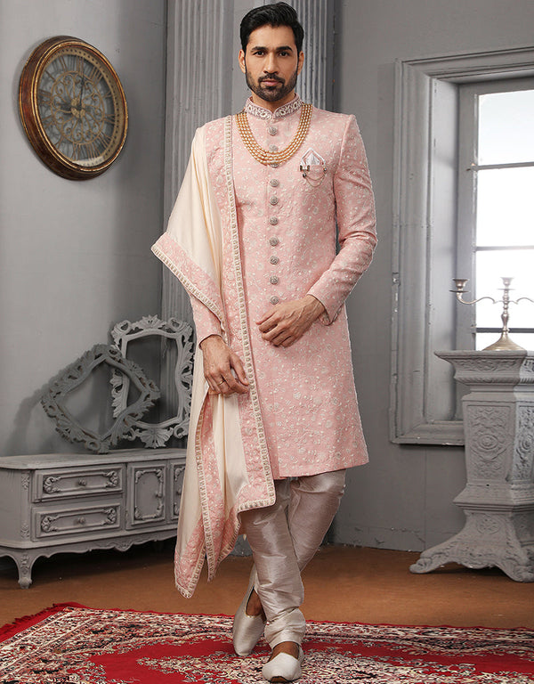 Readymade Men's Sherwani Pink Sherwani Georgette Chudidaar Front View