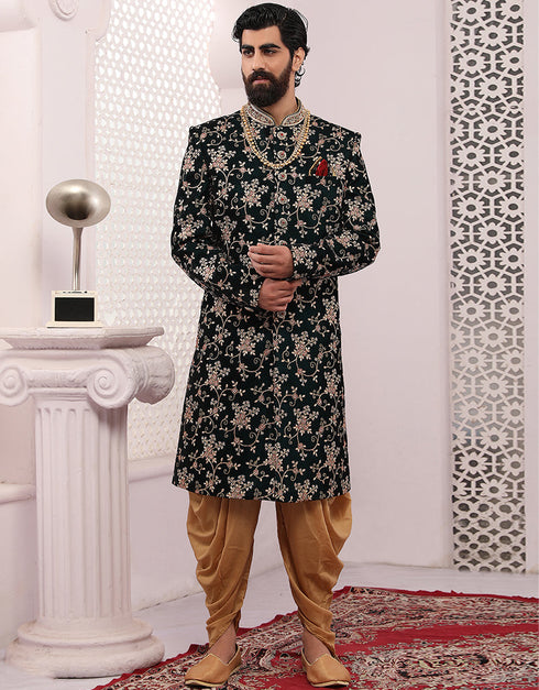 Readymade Men's Sherwani Green Sherwani Velvet Chudidaar Front View