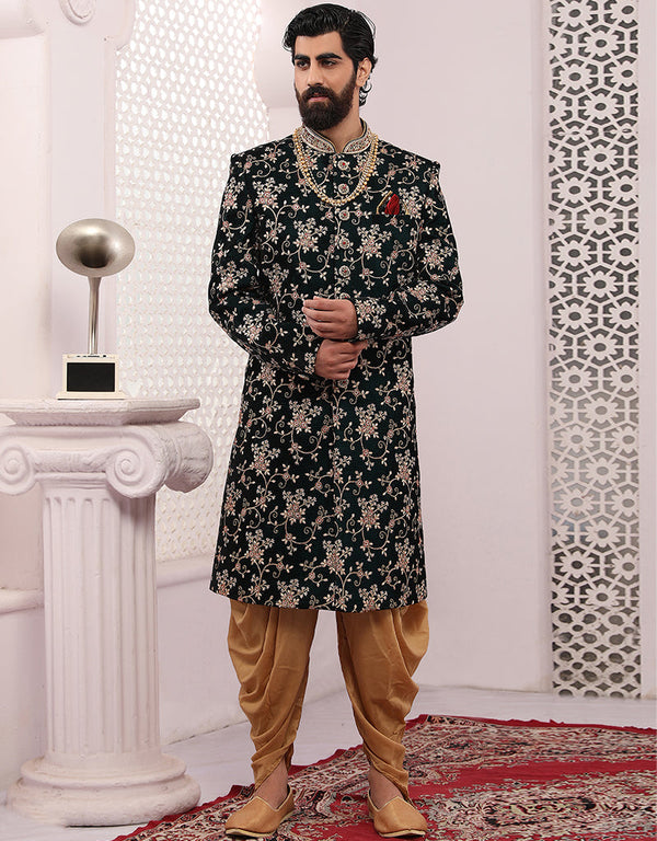Readymade Men's Sherwani Green Sherwani Velvet Chudidaar Front View