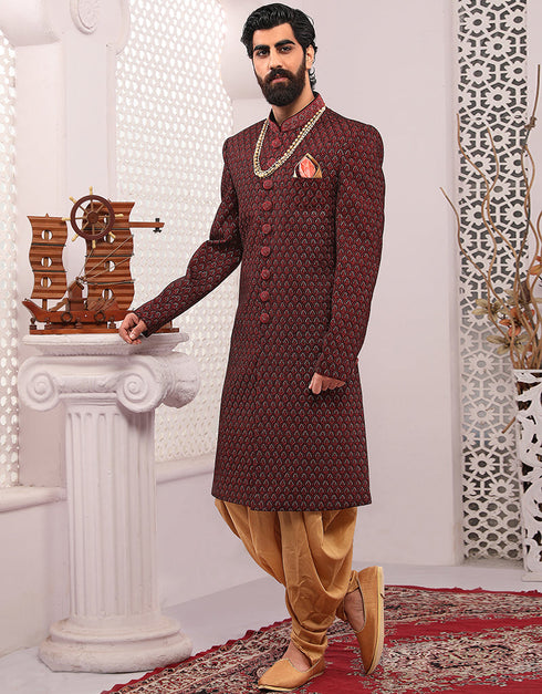 Readymade Men's Sherwani Maroon Sherwani Velvet Chudidaar Front View