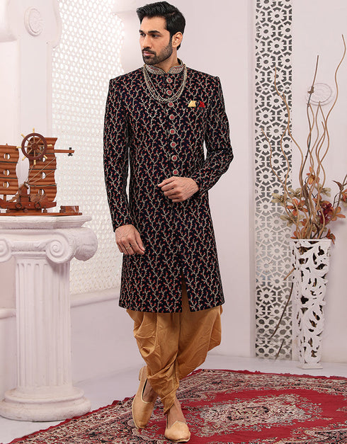 Readymade Men's Sherwani Wine Sherwani Velvet Chudidaar Front View