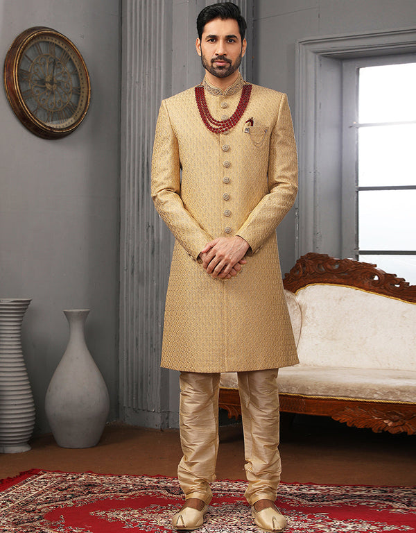 Readymade Men's Sherwani Gold Sherwani Banarasi Silk Chudidaar Front View