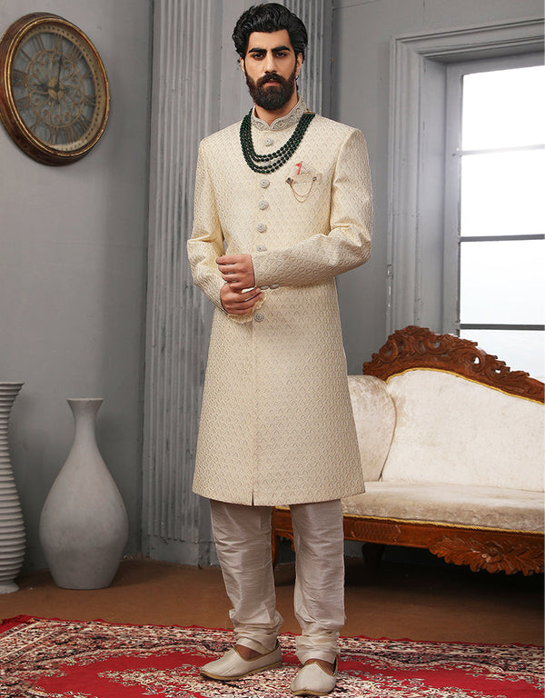 Readymade Men's Sherwani Cream Sherwani Banarasi Silk Chudidaar Front View