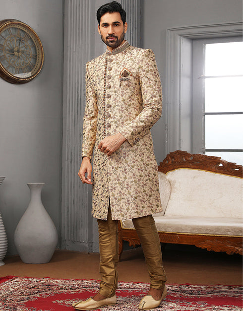 Readymade Men's Sherwani Cream Sherwani Banarasi Silk Chudidaar Front View