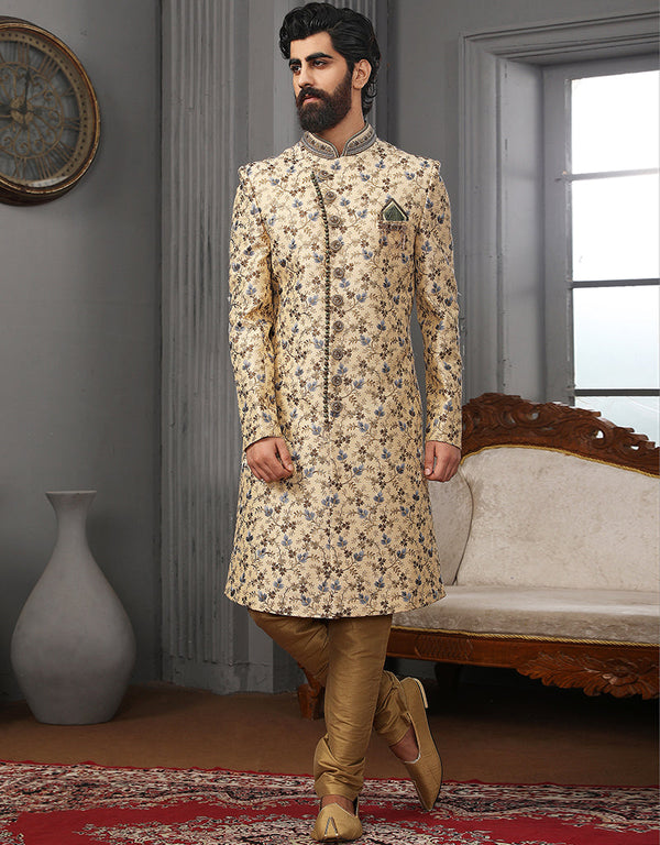 Readymade Men's Sherwani Cream Sherwani Banarasi Silk Chudidaar Front View