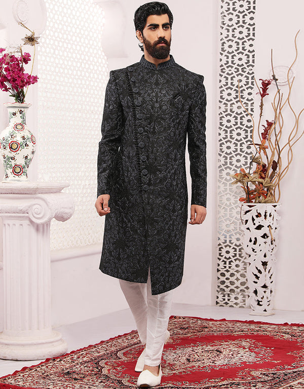 Readymade Men's Sherwani Black Sherwani Banarasi Silk Chudidaar Front View