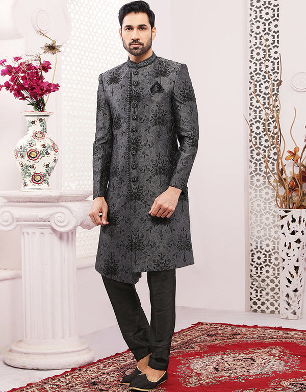 Readymade Men's Sherwani Grey Sherwani Banarasi Silk Chudidaar Front View
