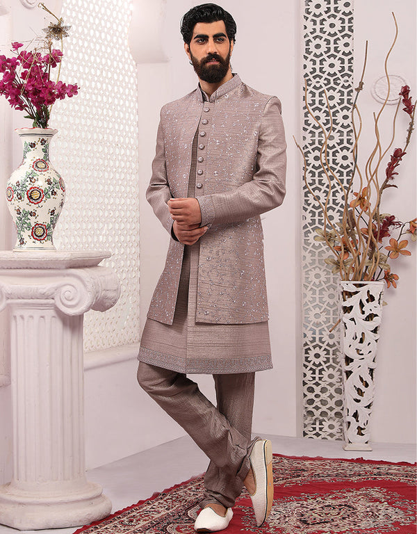 Readymade Men's Sherwani Silver Indo Western Banarasi Silk Chudidaar Front View