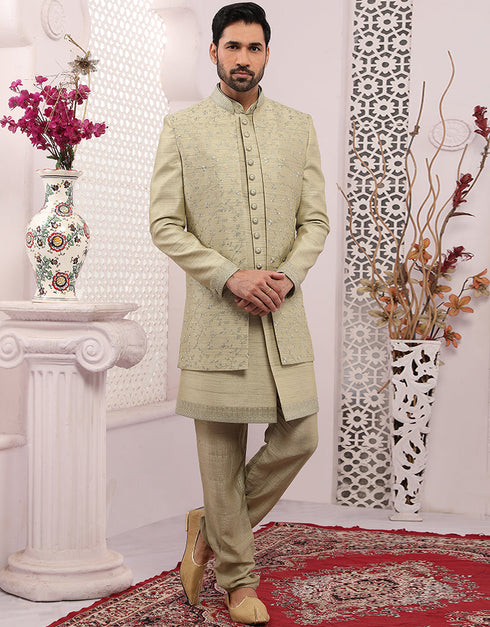 Readymade Men's Sherwani Pista Indo Western Banarasi Silk Chudidaar Front View