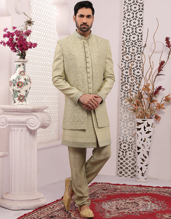 Readymade Men's Sherwani Pista Indo Western Banarasi Silk Chudidaar Front View