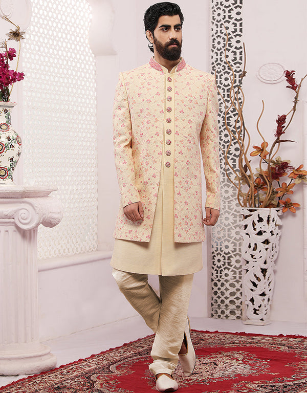 Readymade Men's Sherwani Cream Indo Western Banarasi Silk Chudidaar Front View