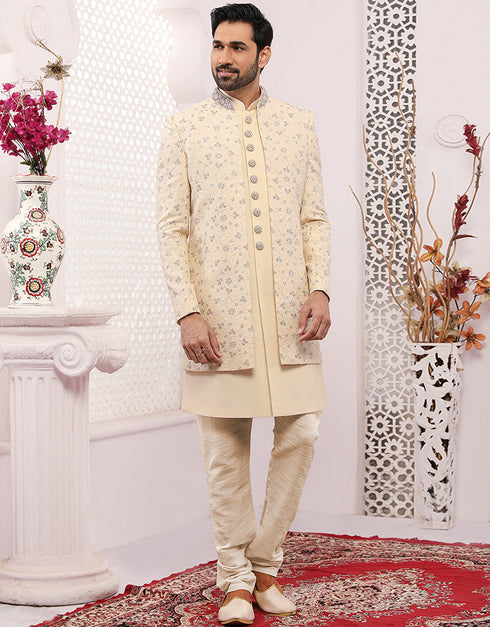 Readymade Men's Sherwani Cream Indo Western Banarasi Silk Chudidaar Front View