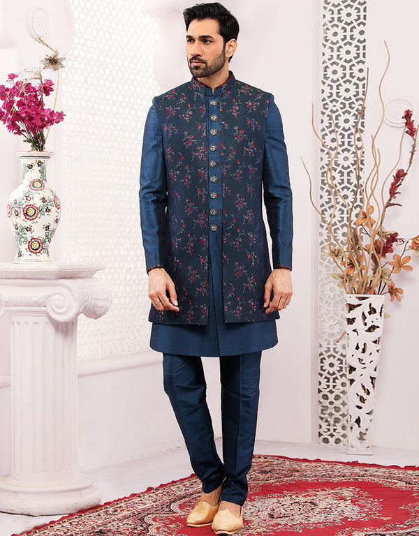 Readymade Men's Sherwani Blue Indo Western Silk Brocade Chudidaar Front View
