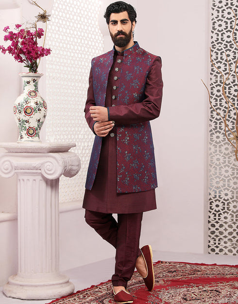 Readymade Men's Sherwani Wine Indo Western Silk Brocade Chudidaar Front View